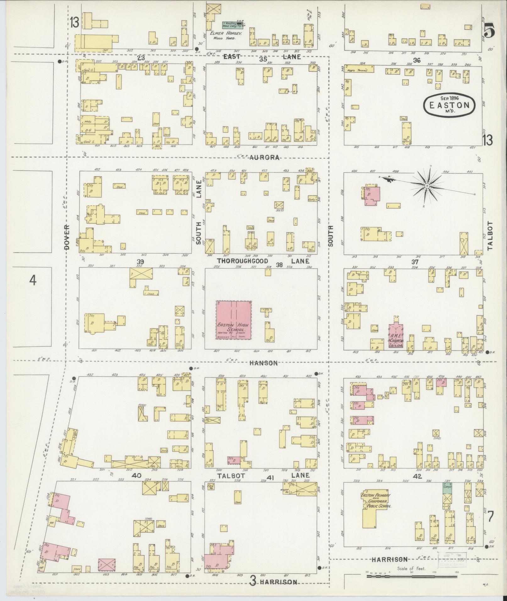 Sanborn Fire Insurance Map from Easton, Talbot County, Maryland (1896), Sheet #0005 - Historic Sanborn Fire Insurance Map Print, vintage old map wall art, antique decor, genealogy gift, Maryland Maryland map