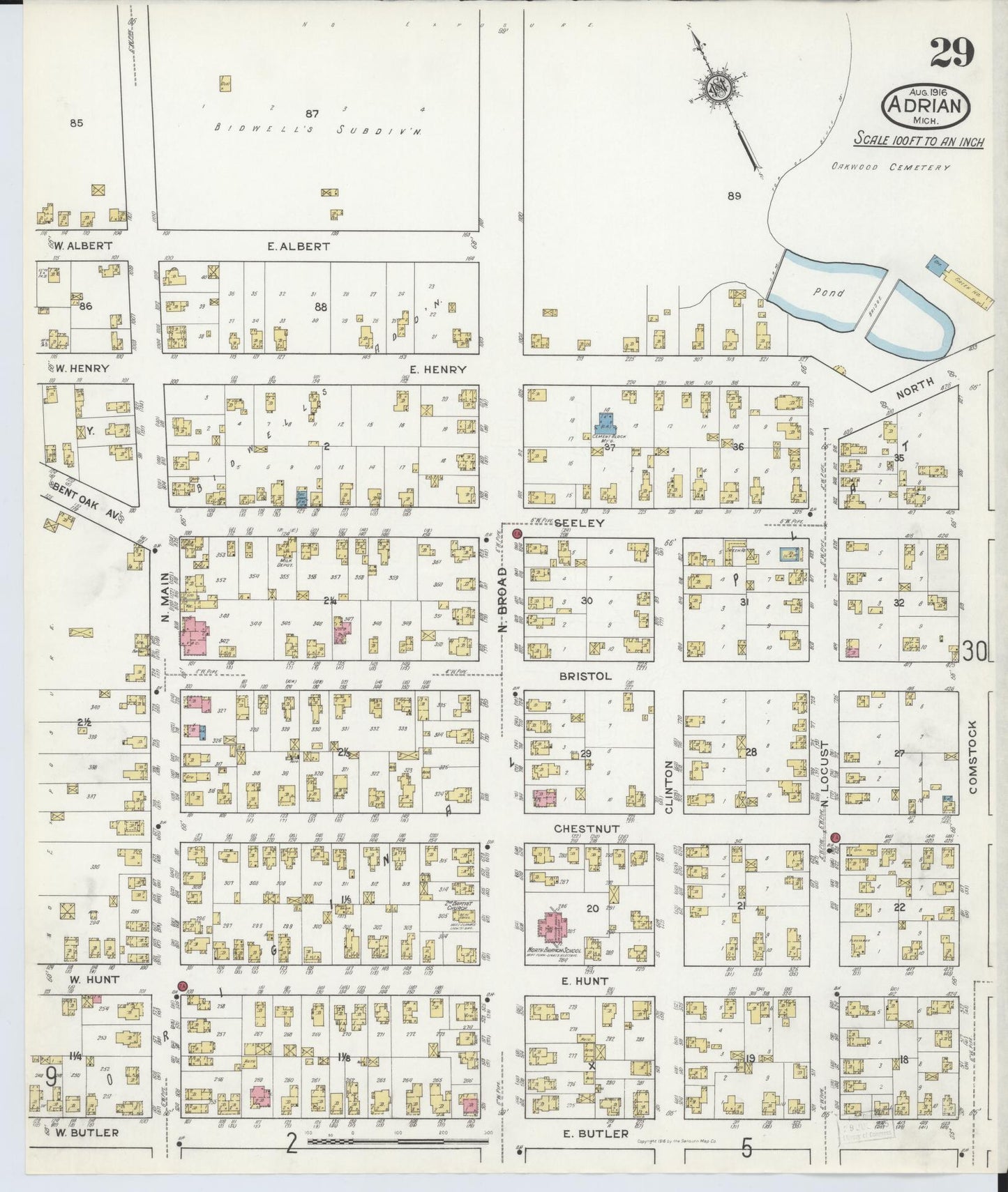 Sanborn Fire Insurance Map from Adrian, Lenawee County, Michigan (1916), Sheet #0029 - Historic Sanborn Fire Insurance Map Print, vintage old map wall art, antique decor, genealogy gift, Michigan Michigan map