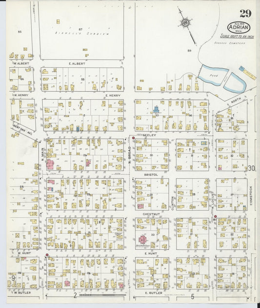 Sanborn Fire Insurance Map from Adrian, Lenawee County, Michigan (1916), Sheet #0029 - Historic Sanborn Fire Insurance Map Print, vintage old map wall art, antique decor, genealogy gift, Michigan Michigan map