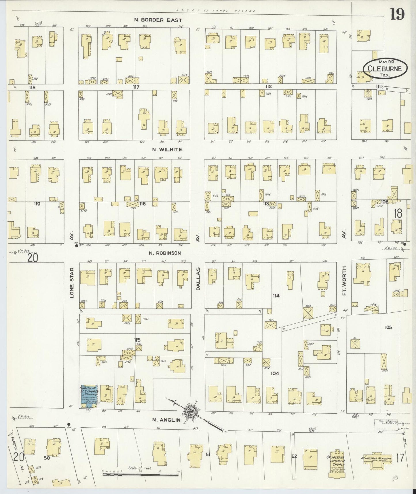 Sanborn Fire Insurance Map from Cleburne, Johnson County, Texas (1910), Sheet #0019 - Historic Sanborn Fire Insurance Map Print, vintage old map wall art, antique decor, genealogy gift, Texas Texas map