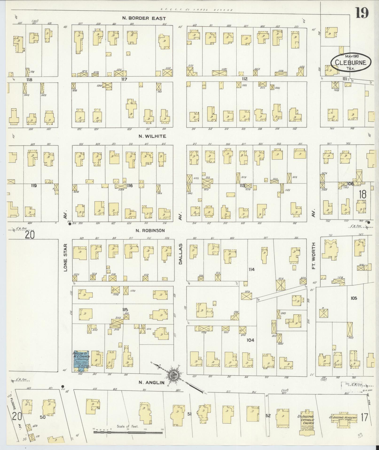 Sanborn Fire Insurance Map from Cleburne, Johnson County, Texas (1910), Sheet #0019 - Historic Sanborn Fire Insurance Map Print, vintage old map wall art, antique decor, genealogy gift, Texas Texas map