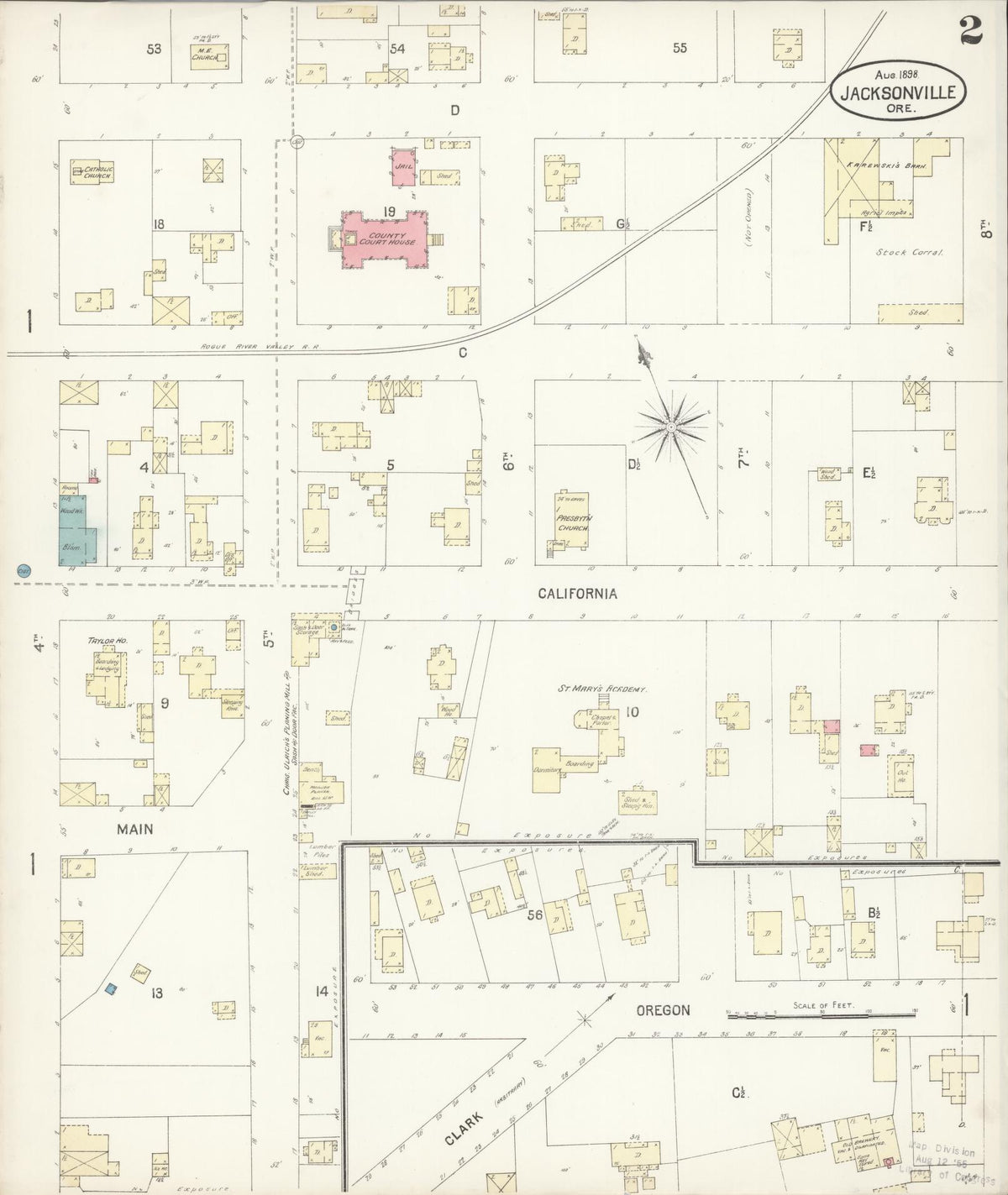 Sanborn Fire Insurance Map from Jacksonville, Jackson County, Oregon (1898), Sheet #0002 - Historic Sanborn Fire Insurance Map Print, vintage old map wall art, antique decor, genealogy gift, Oregon Oregon map