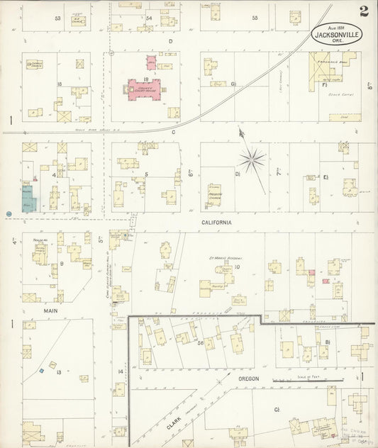 Sanborn Fire Insurance Map from Jacksonville, Jackson County, Oregon (1898), Sheet #0002 - Historic Sanborn Fire Insurance Map Print, vintage old map wall art, antique decor, genealogy gift, Oregon Oregon map