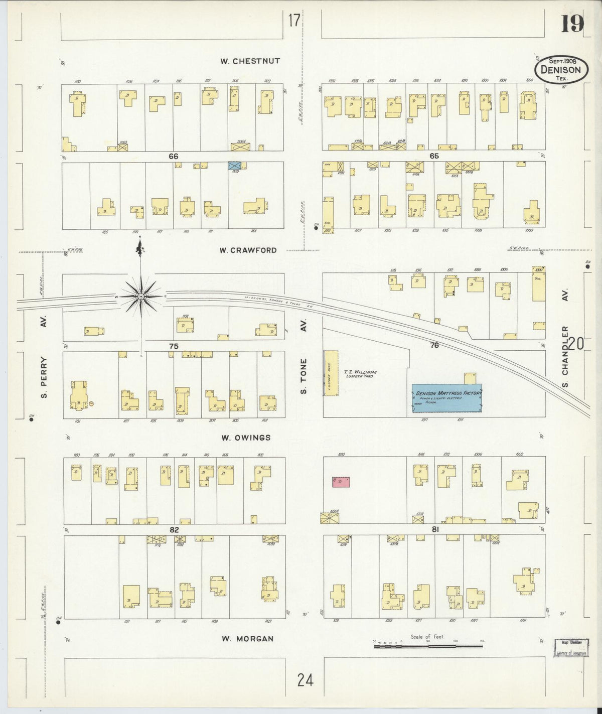 Sanborn Fire Insurance Map from Denison, Grayson County, Texas (1908), Sheet #0019 - Complete Map Set gallery image, historic Sanborn map, vintage wall art, Texas Texas