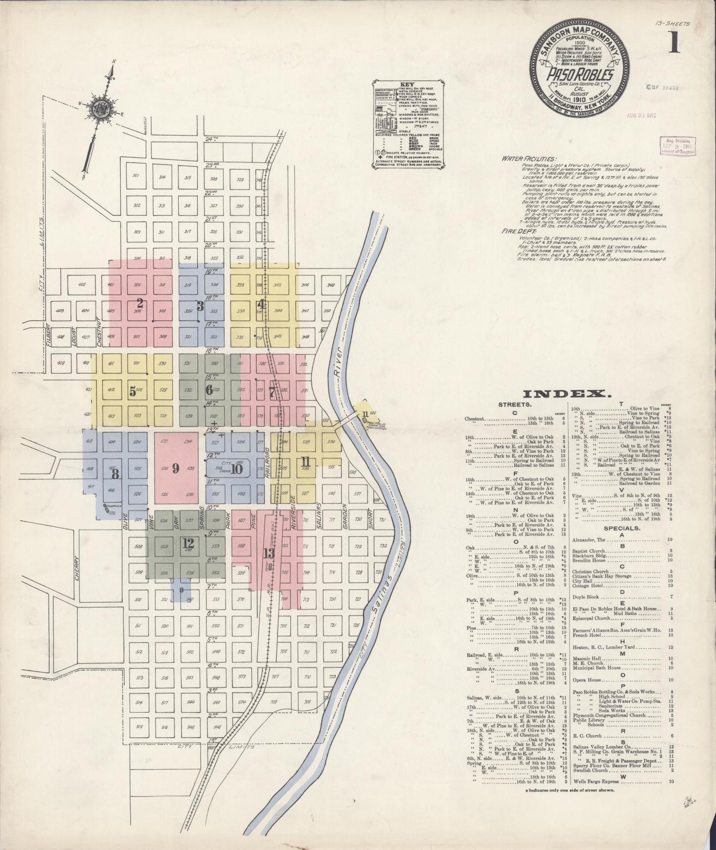 Sanborn Fire Insurance Map from Paso Robles, San Luis Obispo County, California (1910), Sheet #0001 - Complete Map Set gallery image, historic Sanborn map, vintage wall art, California California