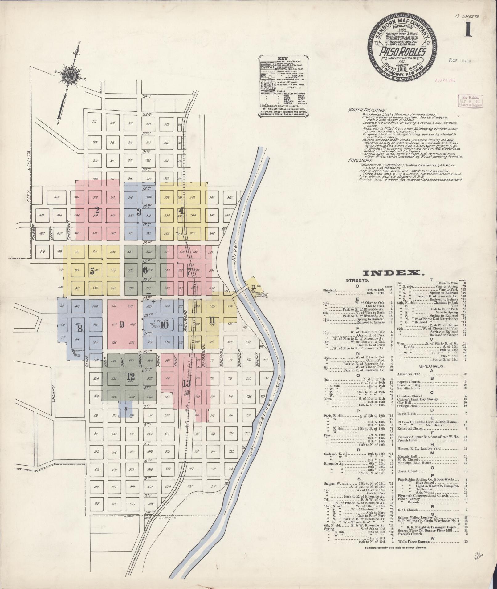 Sanborn Fire Insurance Map from Paso Robles, San Luis Obispo County, California (1910), Sheet #0001 - Complete Map Set gallery image, historic Sanborn map, vintage wall art, California California