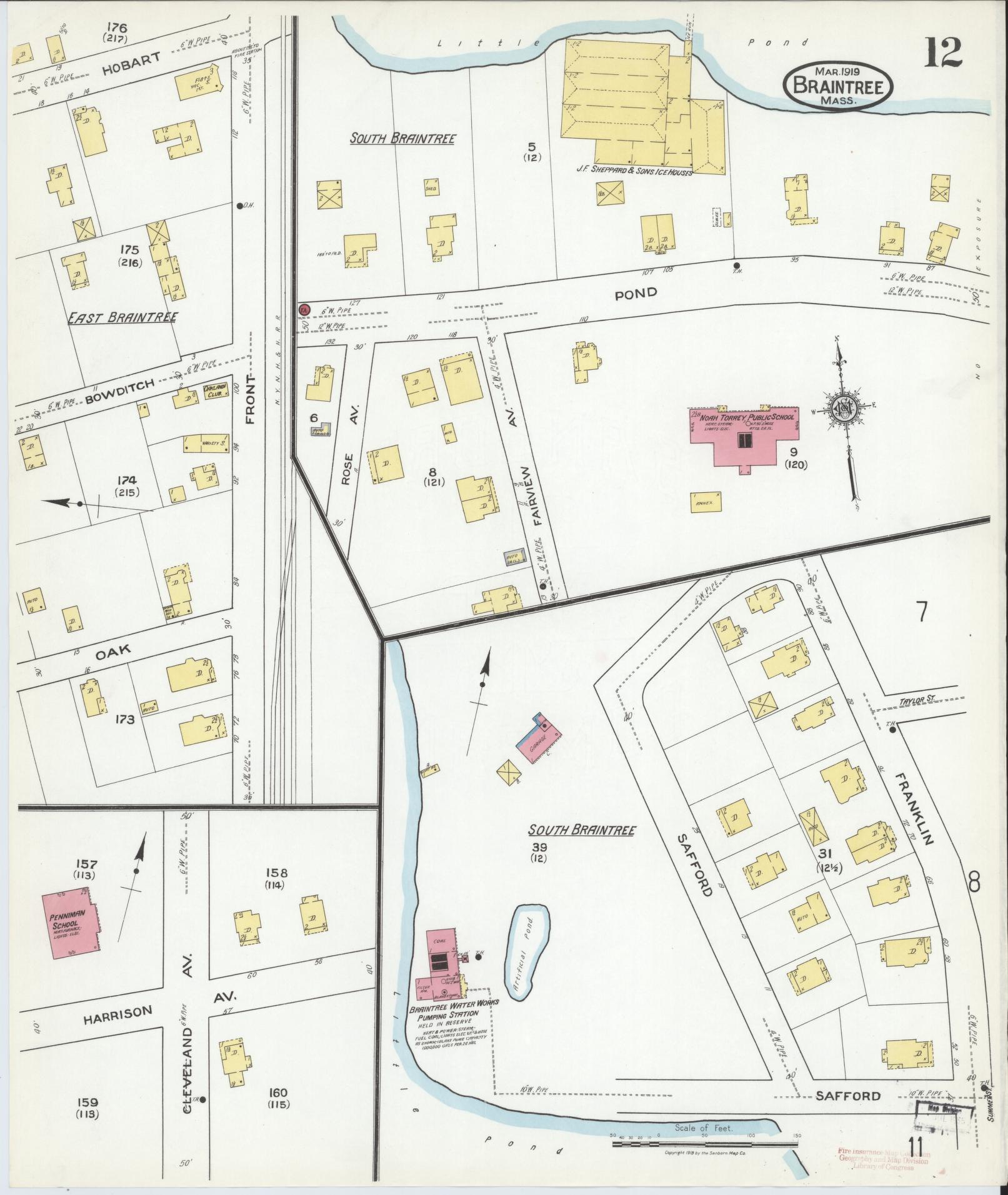 Sanborn Fire Insurance Map from Braintree, Norfolk County, Massachusetts (1919), Sheet #0012 - Historic Sanborn Fire Insurance Map Print, vintage old map wall art, antique decor, genealogy gift, Massachusetts Massachusetts map