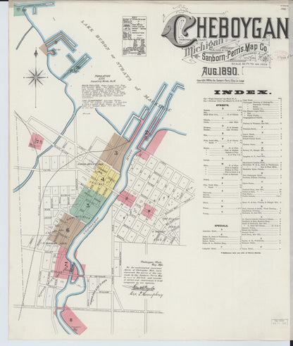 Sanborn Fire Insurance Map from Cheboygan, Cheboygan County, Michigan (1890), Sheet #0001 - Historic Sanborn Fire Insurance Map Print, vintage old map wall art, antique decor, genealogy gift, Michigan Michigan map