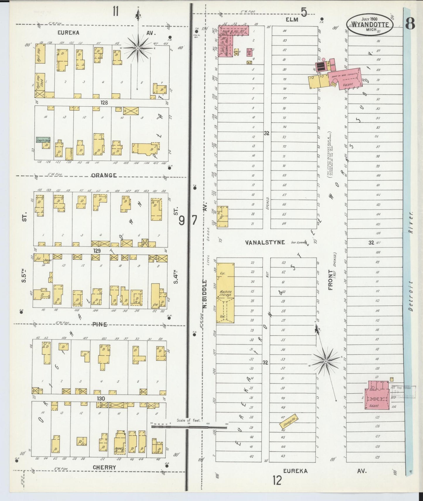 Sanborn Fire Insurance Map from Wyandotte, Wayne County, Michigan (1900), Sheet #0008 - Complete Map Set gallery image, historic Sanborn map, vintage wall art, Michigan Michigan