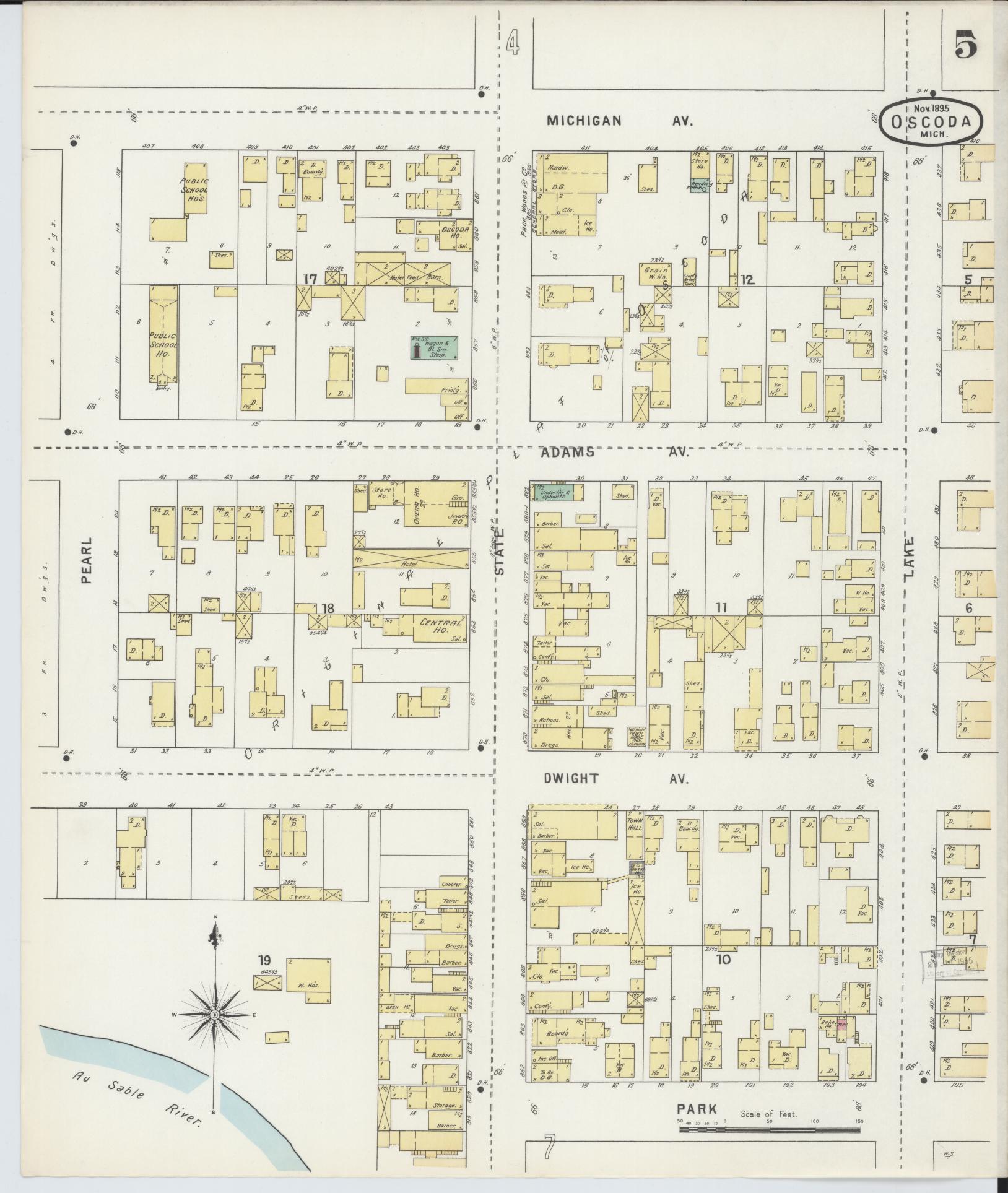 Sanborn Fire Insurance Map from Oscoda, Iosco County, Michigan (1895), Sheet #0005 - Complete Map Set gallery image, historic Sanborn map, vintage wall art, Michigan Michigan