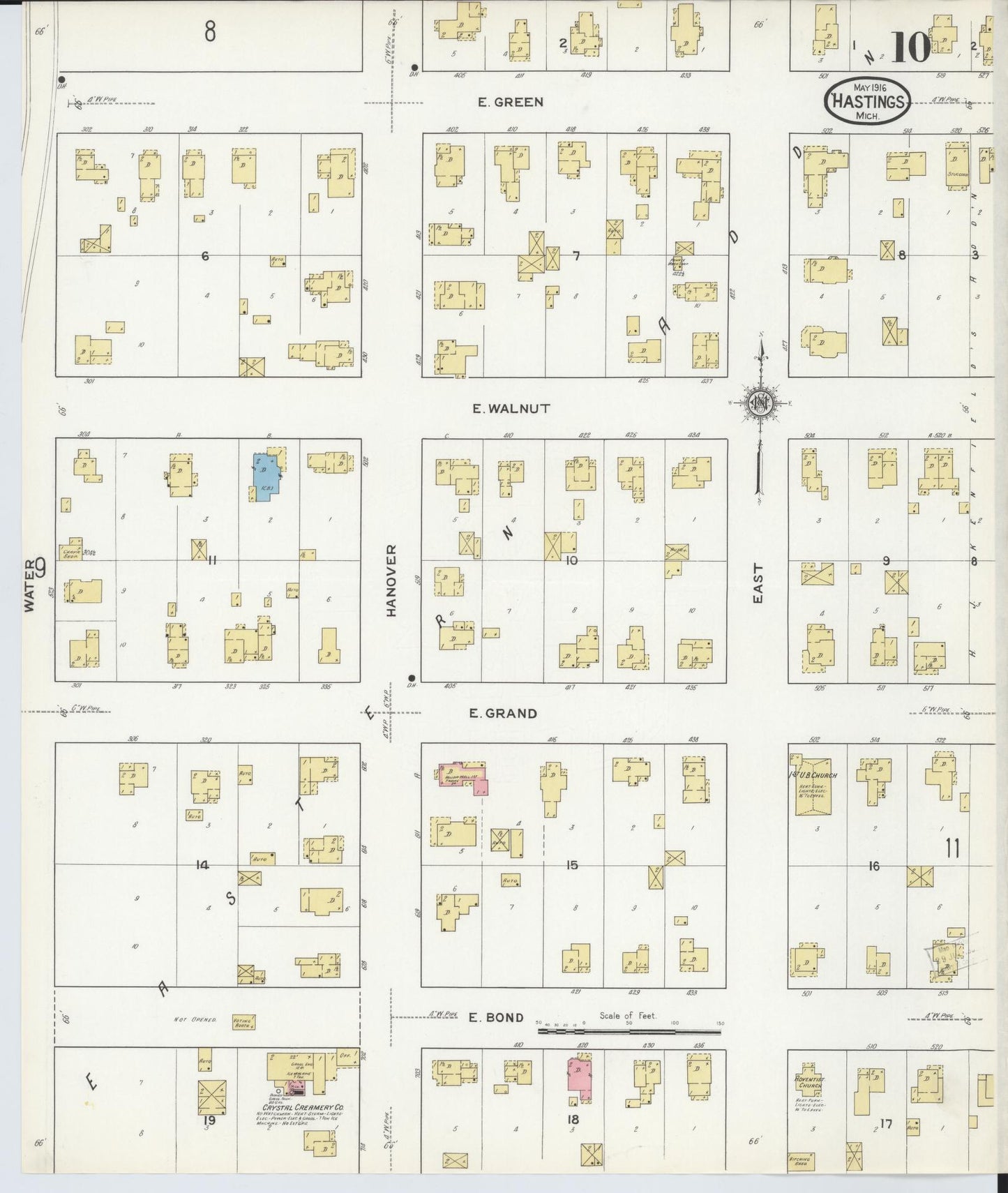 Sanborn Fire Insurance Map from Hastings, Barry County, Michigan (1916), Sheet #0010 - Historic Sanborn Fire Insurance Map Print, vintage old map wall art, antique decor, genealogy gift, Michigan Michigan map