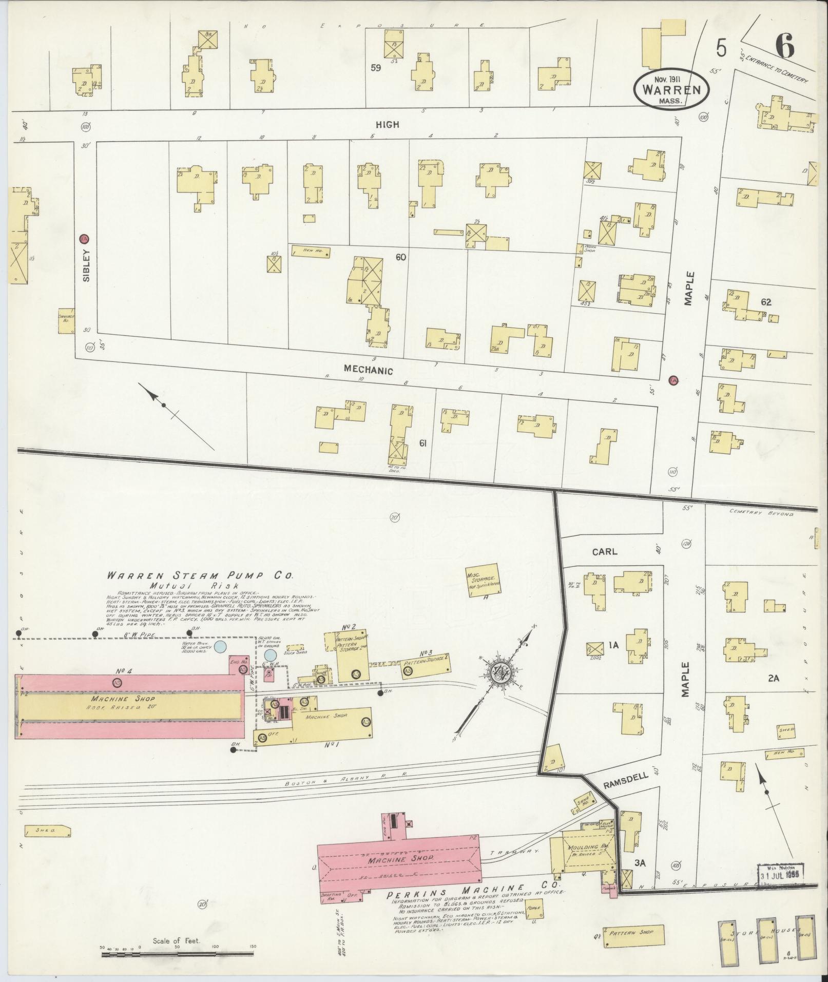 Sanborn Fire Insurance Map from Warren, Worcester County, Massachusetts (1911), Sheet #0006 - Historic Sanborn Fire Insurance Map Print, vintage old map wall art, antique decor, genealogy gift, Massachusetts Massachusetts map