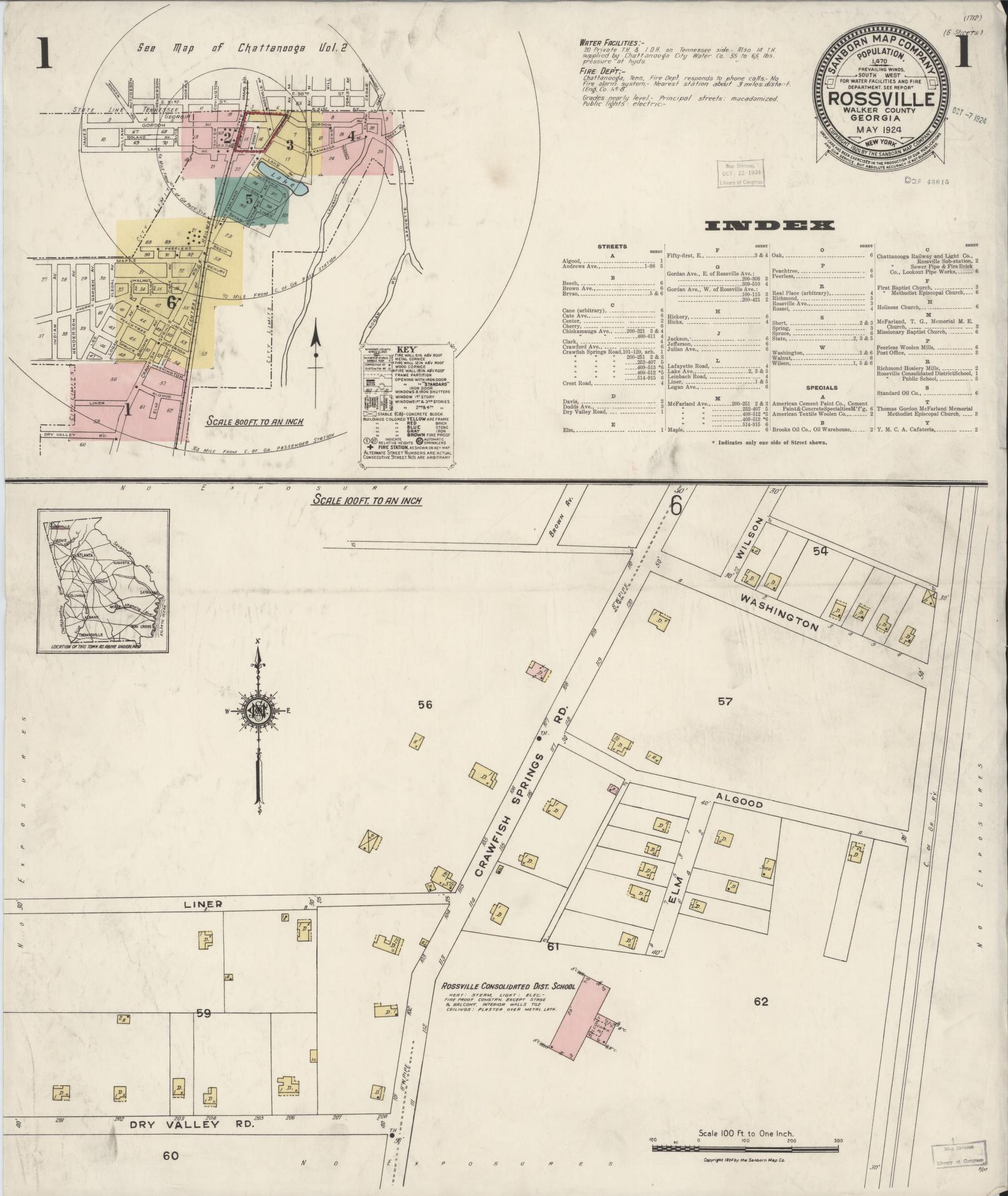 Sanborn Fire Insurance Map from Rossville, Walker County, Georgia (1924), Sheet #0001 - Historic Sanborn Fire Insurance Map Print, vintage old map wall art, antique decor, genealogy gift, Georgia Georgia map