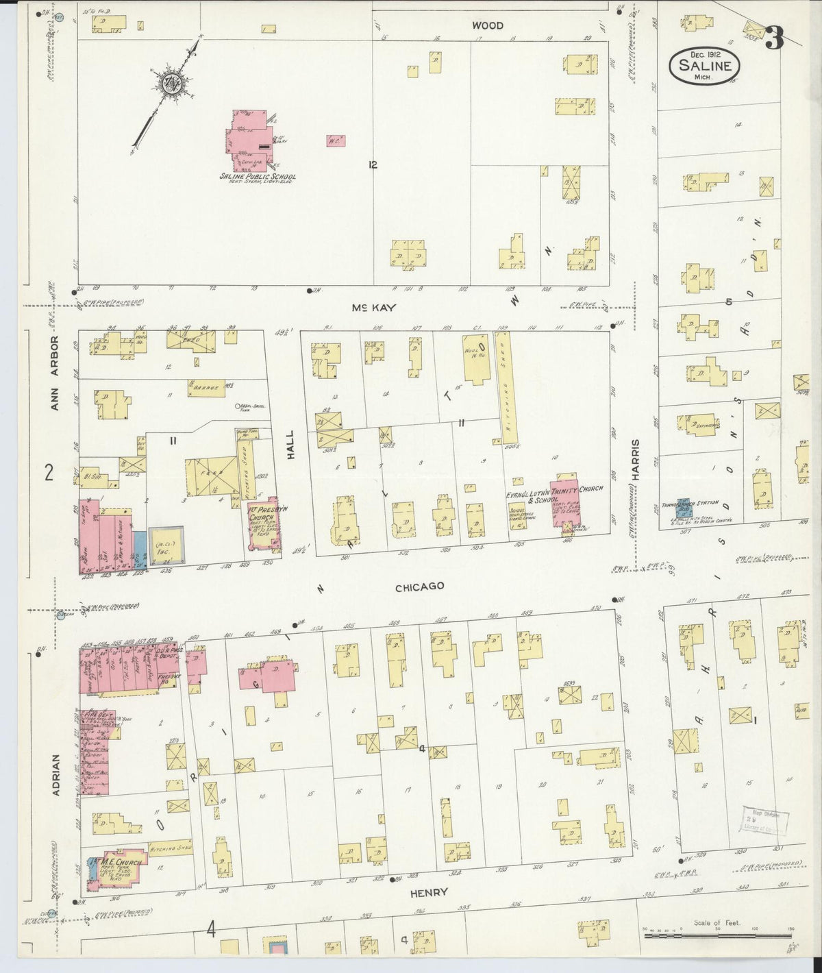 Sanborn Fire Insurance Map from Saline, Washtenaw County, Michigan (1912), Sheet #0003 - Historic Sanborn Fire Insurance Map Print, vintage old map wall art, antique decor, genealogy gift, Michigan Michigan map
