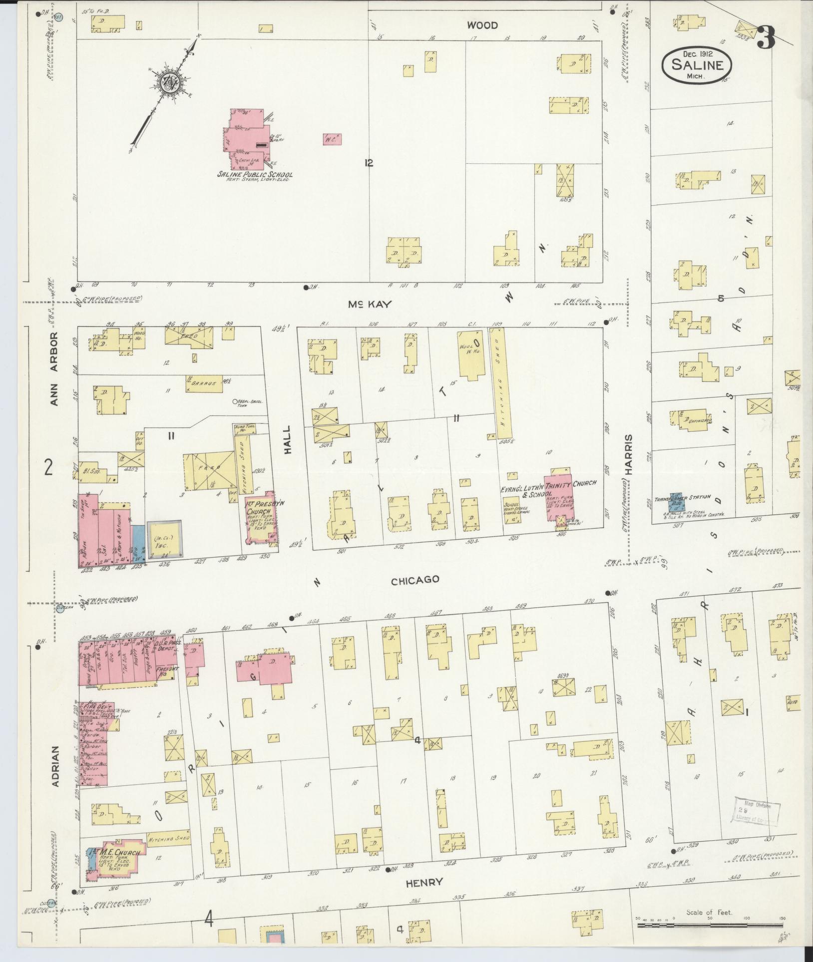 Sanborn Fire Insurance Map from Saline, Washtenaw County, Michigan (1912), Sheet #0003 - Historic Sanborn Fire Insurance Map Print, vintage old map wall art, antique decor, genealogy gift, Michigan Michigan map