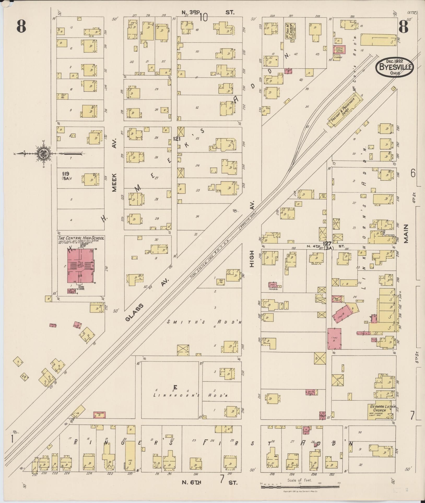 Sanborn Fire Insurance Map from Byesville, Guernsey County, Ohio (1922), Sheet #0008 - Historic Sanborn Fire Insurance Map Print, vintage old map wall art, antique decor, genealogy gift, Ohio Ohio map