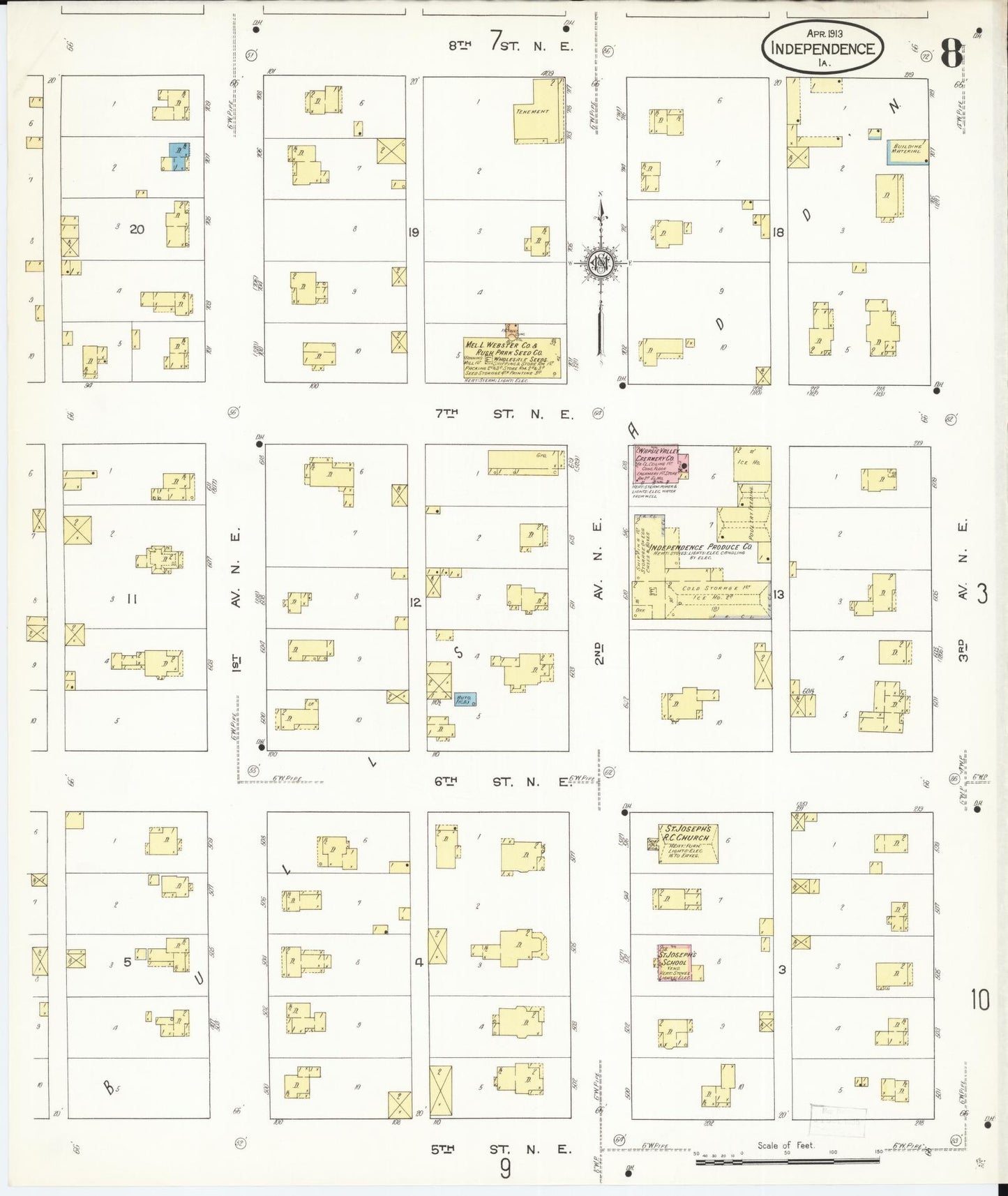 Sanborn Fire Insurance Map from Independence, Buchanan County, Iowa (1913), Sheet #0008 - Historic Sanborn Fire Insurance Map Print, vintage old map wall art