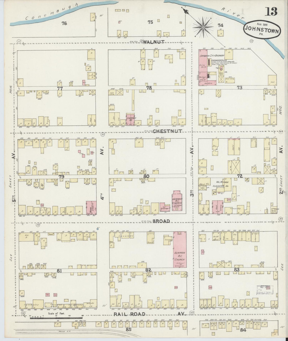Sanborn Fire Insurance Map from Johnstown, Cambria County, Pennsylvania (1891), Sheet #0013 - Historic Sanborn Fire Insurance Map Print, vintage old map wall art, antique decor, genealogy gift, Pennsylvania Pennsylvania map