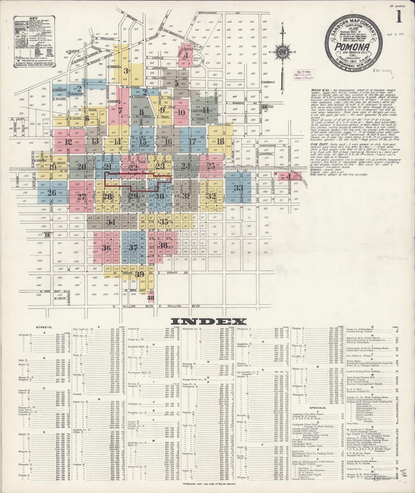 Sanborn Fire Insurance Map from Pomona, Los Angeles County, California (1911), Sheet #0001 - Complete Map Set gallery image, historic Sanborn map, vintage wall art, California California