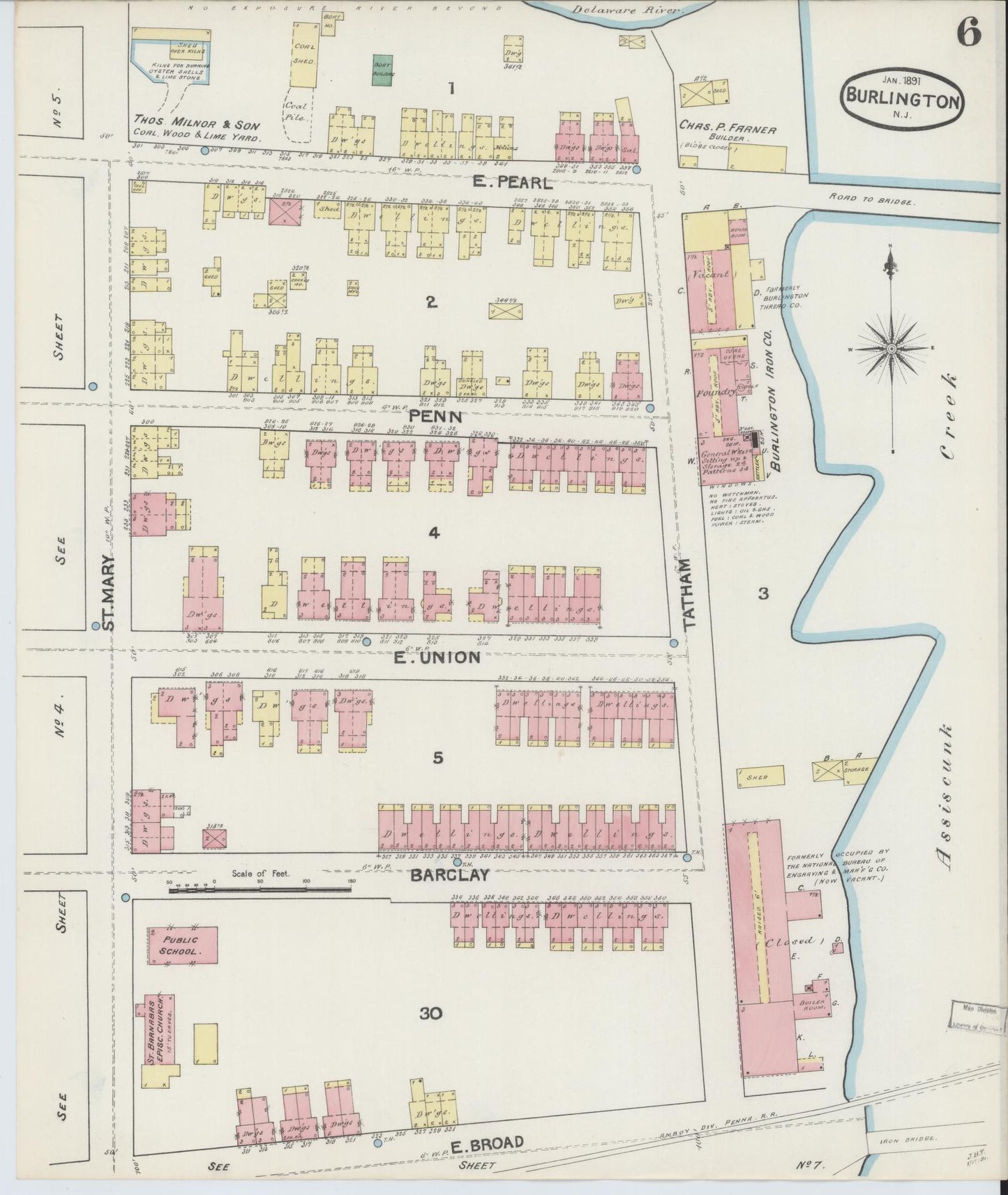 Sanborn Fire Insurance Map from Burlington, Burlington County, New Jersey (1891), Sheet #0006 - Complete Map Set gallery image, historic Sanborn map, vintage wall art, New Jersey New Jersey