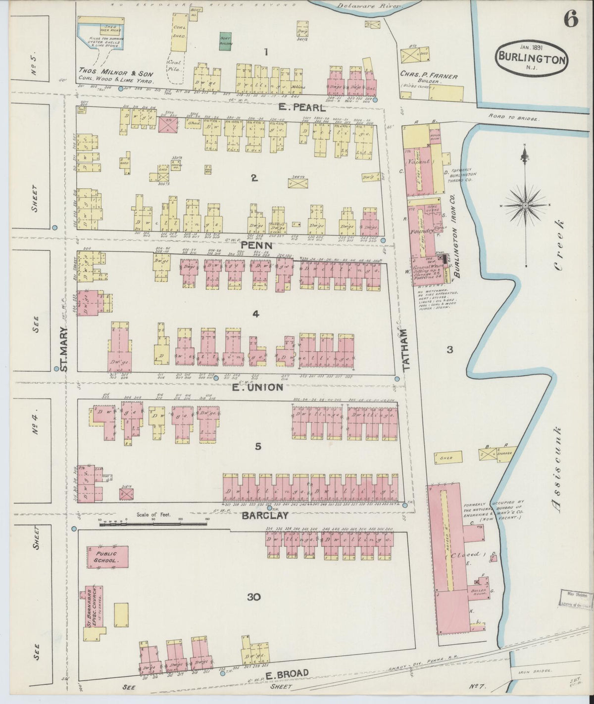 Sanborn Fire Insurance Map from Burlington, Burlington County, New Jersey (1891), Sheet #0006 - Complete Map Set gallery image, historic Sanborn map, vintage wall art, New Jersey New Jersey