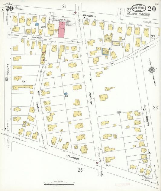 Sanborn Fire Insurance Map from Melrose, Middlesex County, Massachusetts (1923), Sheet #0020 - Historic Sanborn Fire Insurance Map Print, vintage old map wall art, antique decor, genealogy gift, Massachusetts Massachusetts map