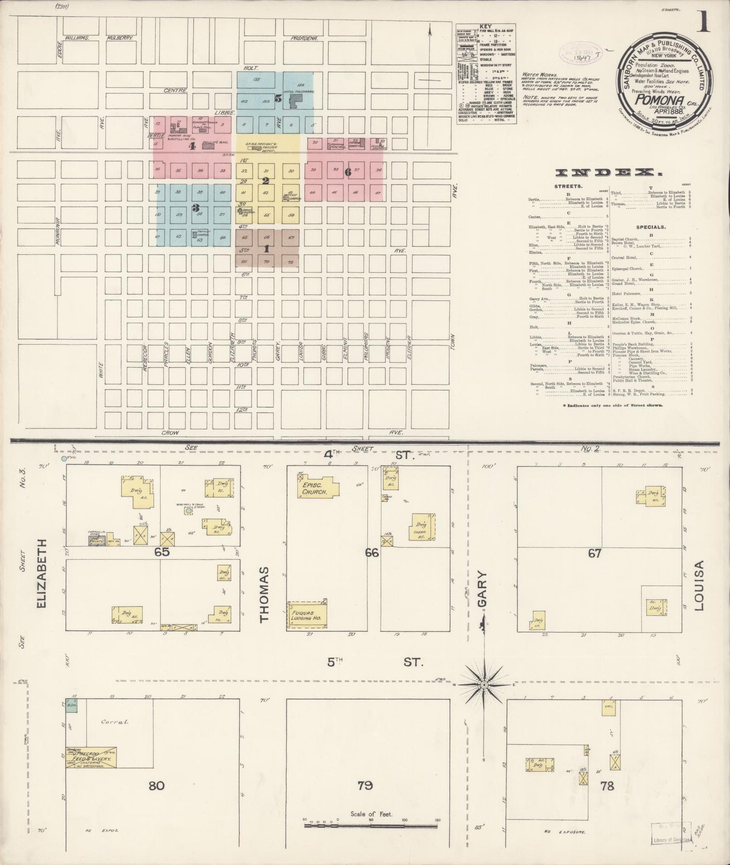 Sanborn Fire Insurance Map from Pomona, Los Angeles County, California (1888), Sheet #0001 - Complete Map Set gallery image, historic Sanborn map, vintage wall art, California California
