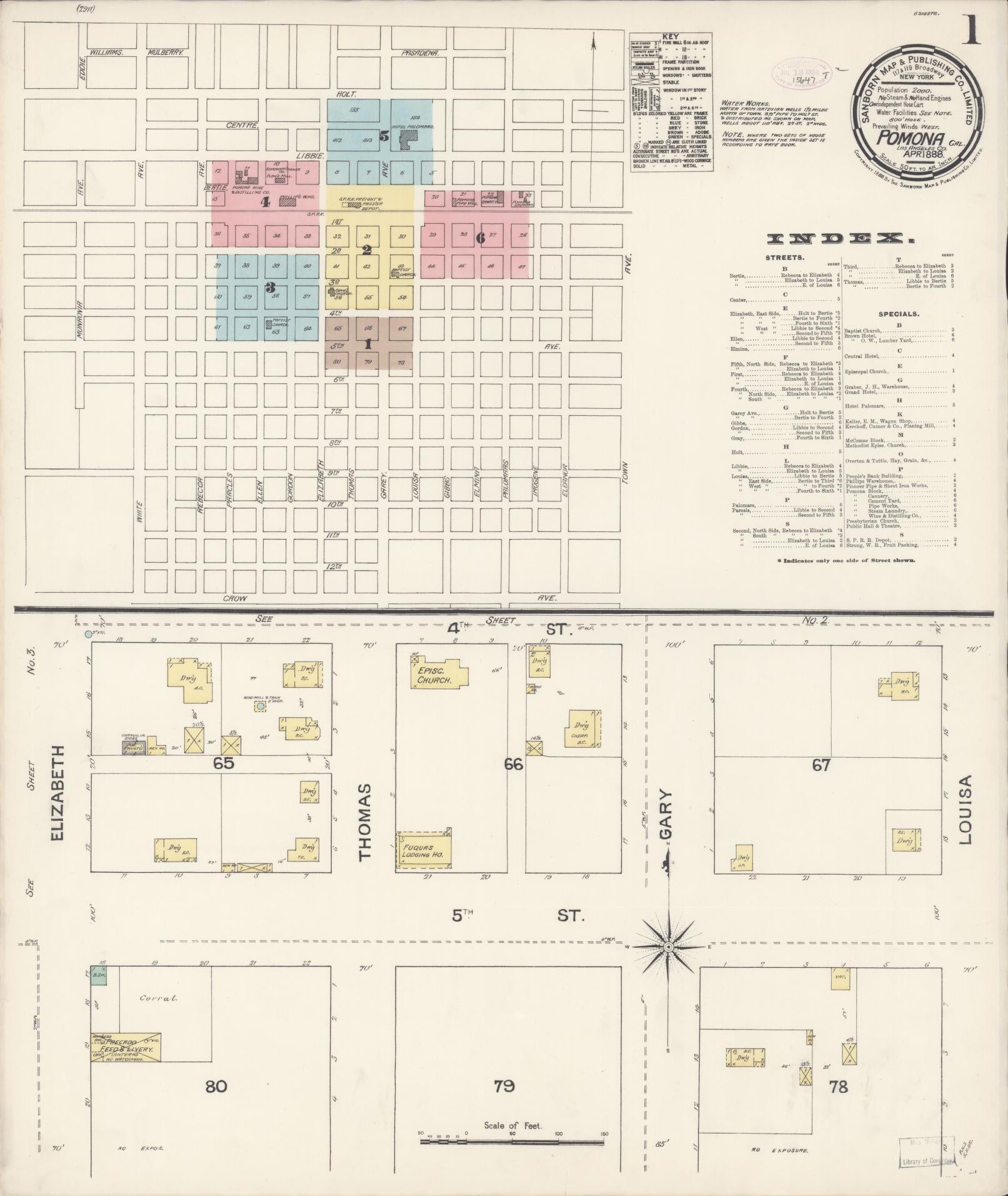 Sanborn Fire Insurance Map from Pomona, Los Angeles County, California (1888), Sheet #0001 - Complete Map Set gallery image, historic Sanborn map, vintage wall art, California California