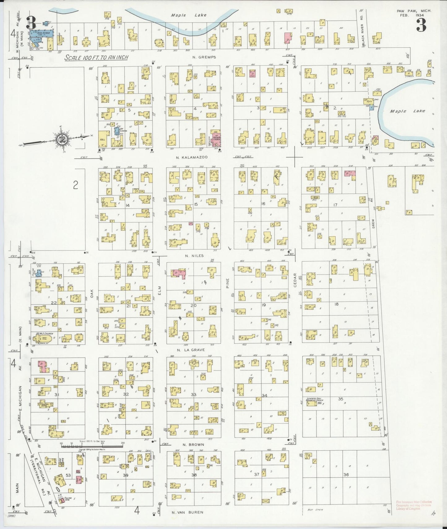Sanborn Fire Insurance Map from Paw Paw, Van Buren County, Michigan (1934), Sheet #0003 - Complete Map Set gallery image, historic Sanborn map, vintage wall art, Michigan Michigan