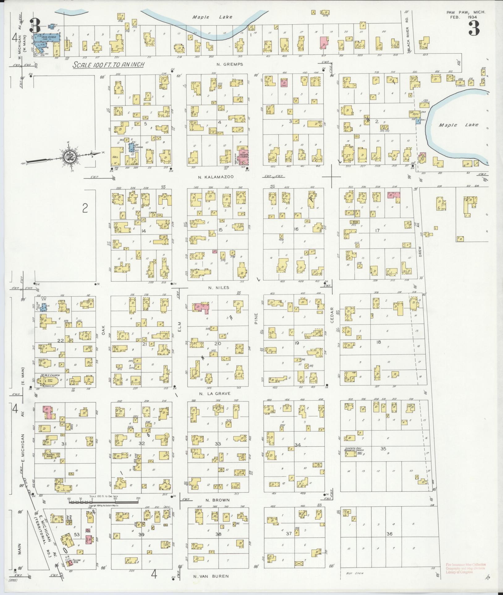 Sanborn Fire Insurance Map from Paw Paw, Van Buren County, Michigan (1934), Sheet #0003 - Complete Map Set gallery image, historic Sanborn map, vintage wall art, Michigan Michigan