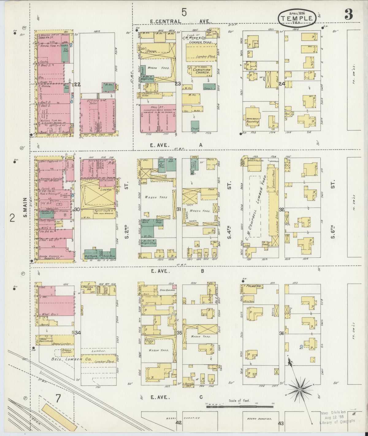 Sanborn Fire Insurance Map from Temple, Bell County, Texas (1896), Sheet #0003 - Complete Map Set gallery image, historic Sanborn map, vintage wall art, Texas Texas