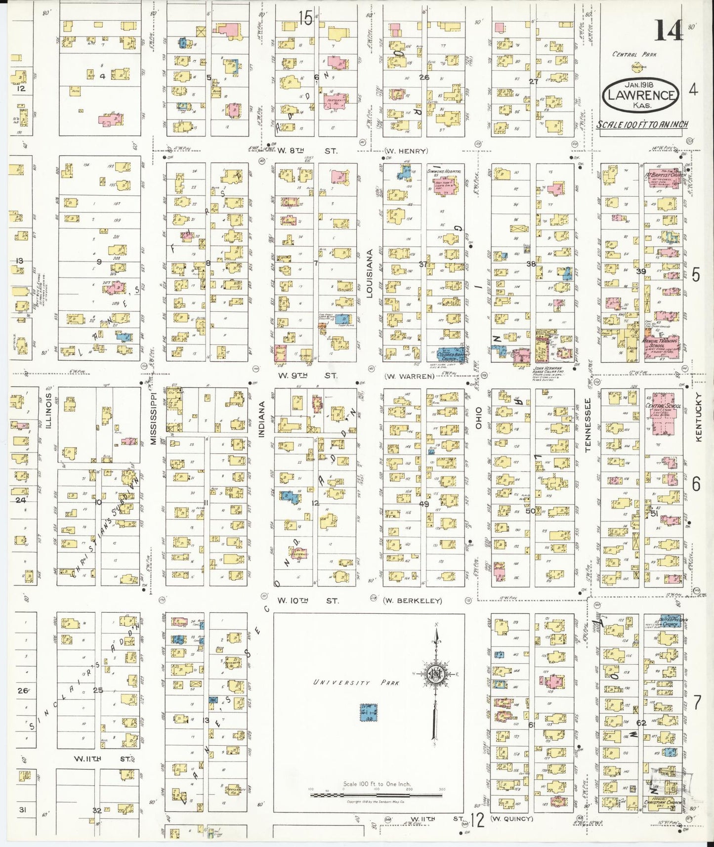 Sanborn Fire Insurance Map from Lawrence, Douglas County, Kansas (1918), Sheet #0014 - Complete Map Set gallery image, historic Sanborn map, vintage wall art, Kansas Kansas