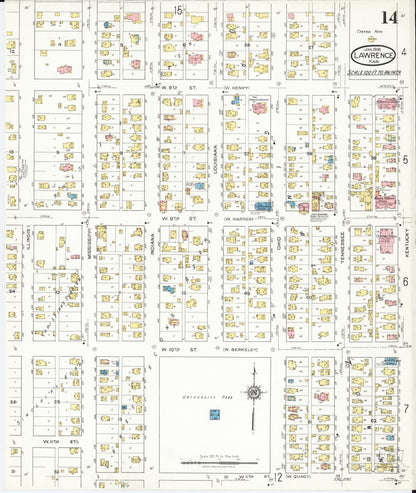 Sanborn Fire Insurance Map from Lawrence, Douglas County, Kansas (1918), Sheet #0014 - Complete Map Set gallery image, historic Sanborn map, vintage wall art, Kansas Kansas