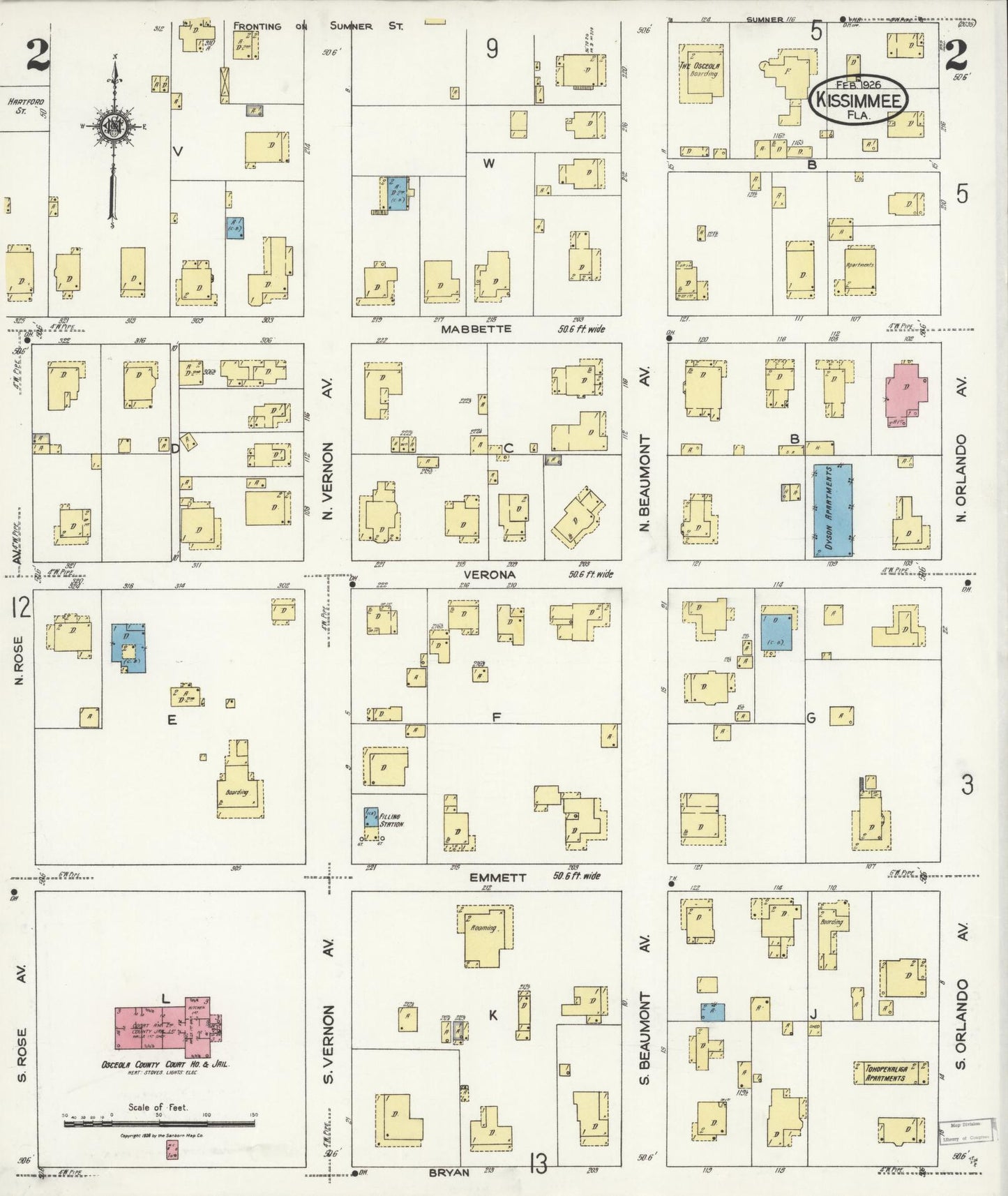 Sanborn Fire Insurance Map from Kissimmee, Osceola County, Florida (1926), Sheet #0002 - Complete Map Set gallery image, historic Sanborn map, vintage wall art, Florida Florida