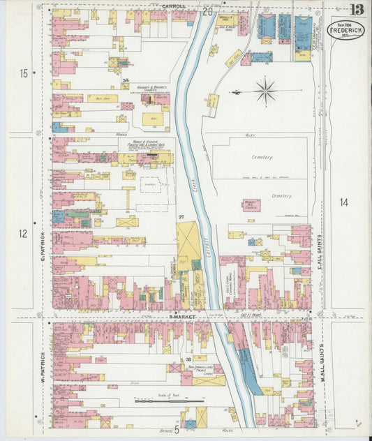 Frederick, Maryland - 1904 - Sanborn Fire Insurance Map, Sheet #0013 - Historic Sanborn Fire Insurance Map Print, Frederick Maryland 1904 0013 vintage old map wall art
