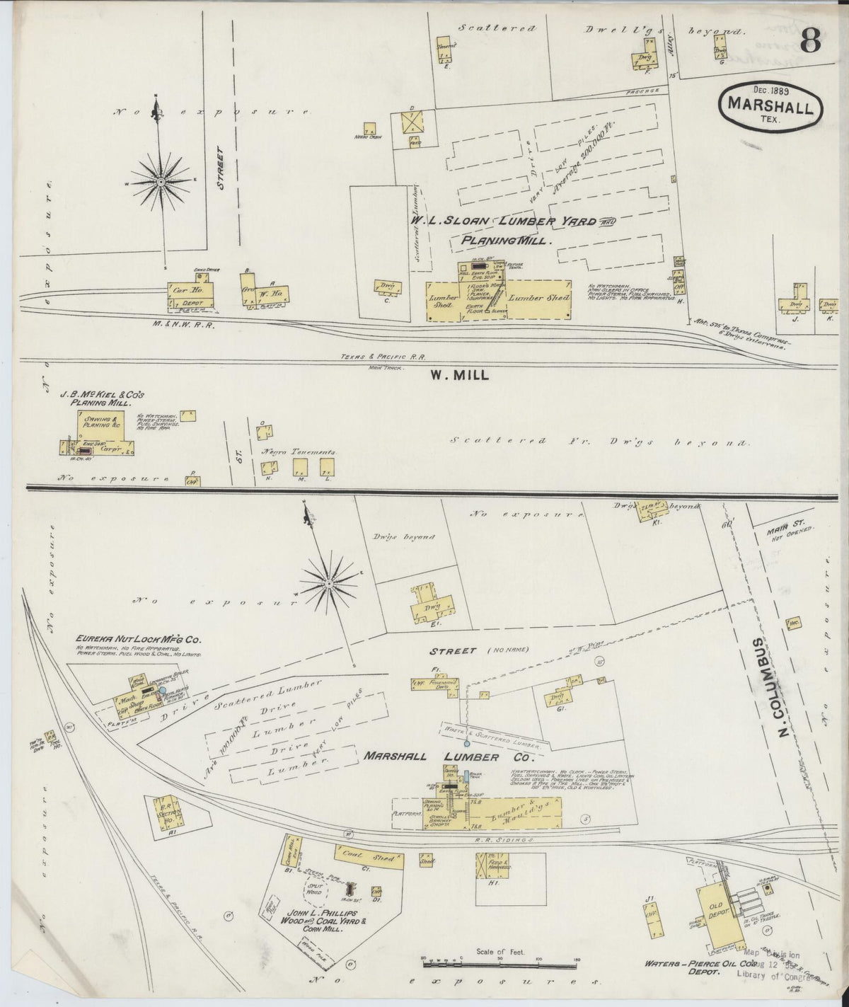 Sanborn Fire Insurance Map from Marshall, Harrison County, Texas (1889), Sheet #0008 - Historic Sanborn Fire Insurance Map Print, vintage old map wall art, antique decor, genealogy gift, Texas Texas map