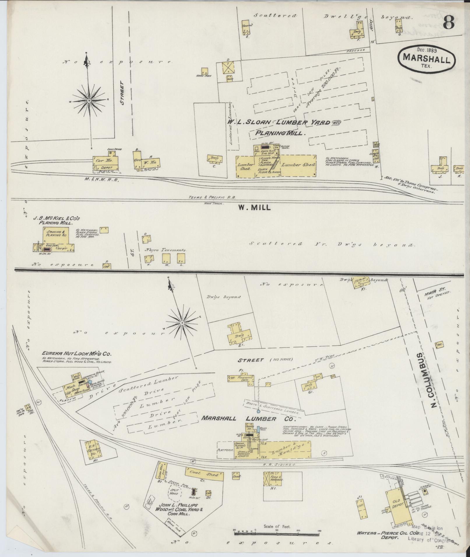 Sanborn Fire Insurance Map from Marshall, Harrison County, Texas (1889), Sheet #0008 - Historic Sanborn Fire Insurance Map Print, vintage old map wall art, antique decor, genealogy gift, Texas Texas map