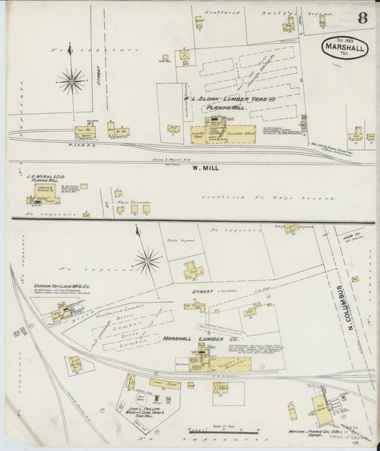 Sanborn Fire Insurance Map from Marshall, Harrison County, Texas (1889), Sheet #0008 - Historic Sanborn Fire Insurance Map Print, vintage old map wall art, antique decor, genealogy gift, Texas Texas map
