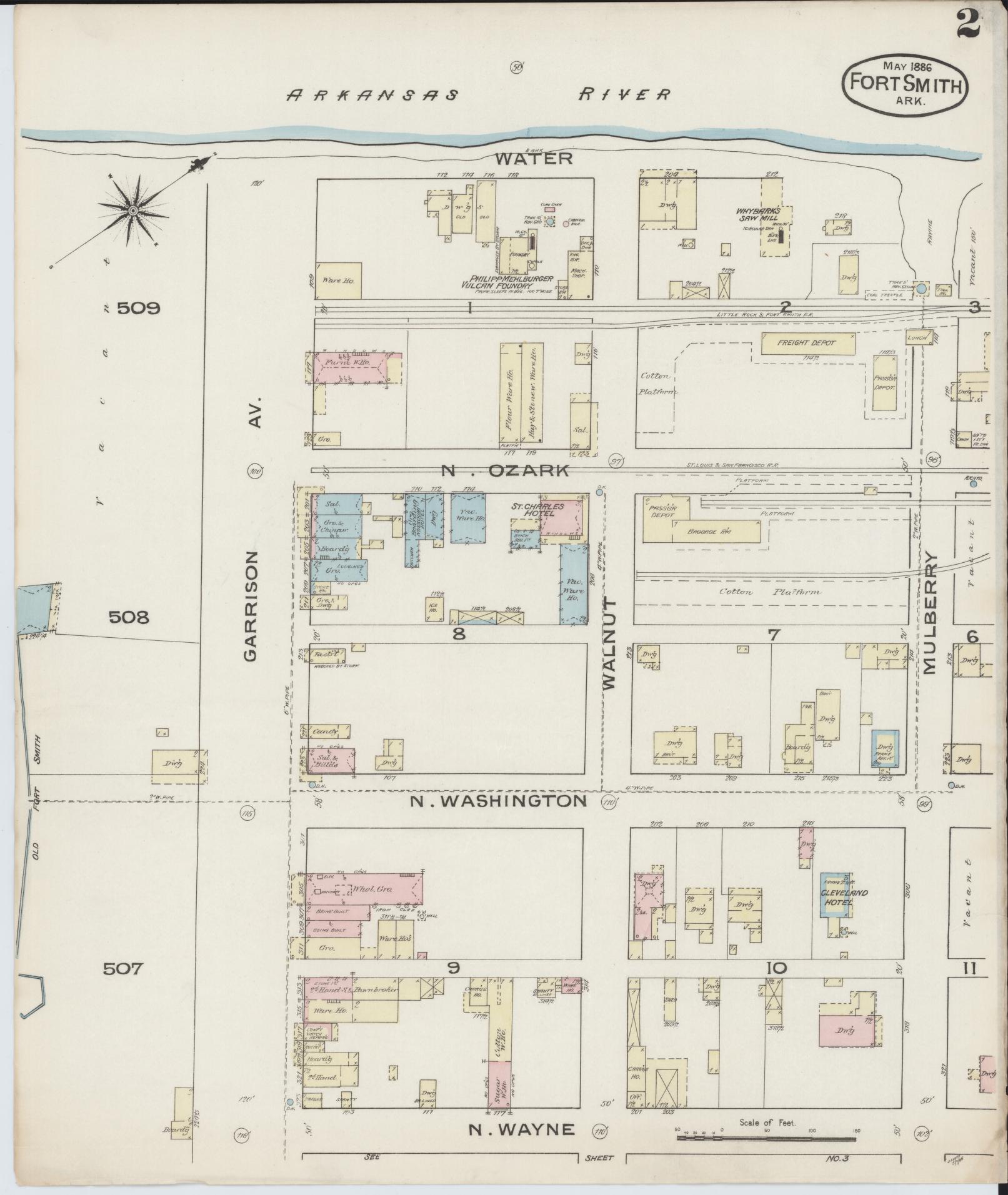 Sanborn Fire Insurance Map from Fort Smith, Sebastian County, Arkansas (1886), Sheet #0002 - Historic Sanborn Fire Insurance Map Print, vintage old map wall art, antique decor, genealogy gift, Arkansas Arkansas map