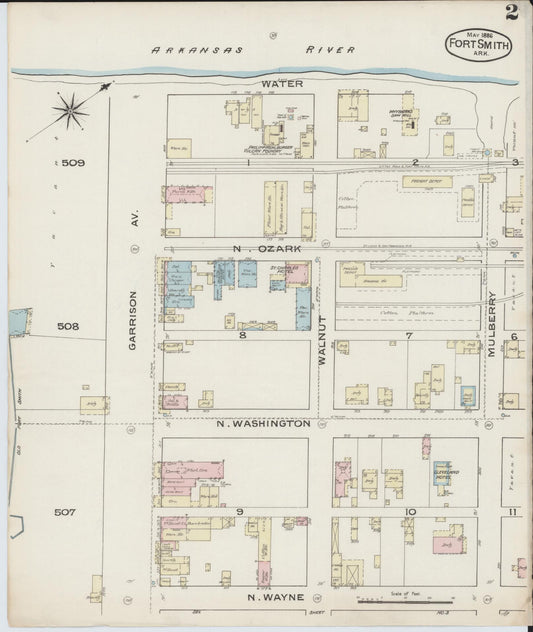 Sanborn Fire Insurance Map from Fort Smith, Sebastian County, Arkansas (1886), Sheet #0002 - Historic Sanborn Fire Insurance Map Print, vintage old map wall art, antique decor, genealogy gift, Arkansas Arkansas map
