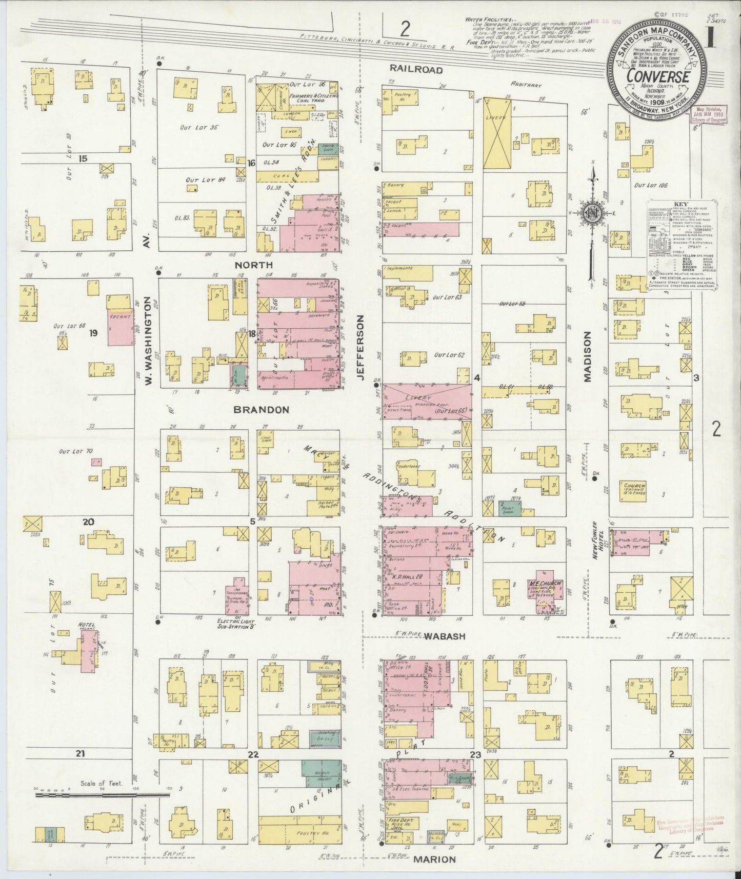 Sanborn Fire Insurance Map from Converse, Miami County, Indiana (1909), Sheet #0001 - Historic Sanborn Fire Insurance Map Print, vintage old map wall art, antique decor, genealogy gift, Indiana Indiana map