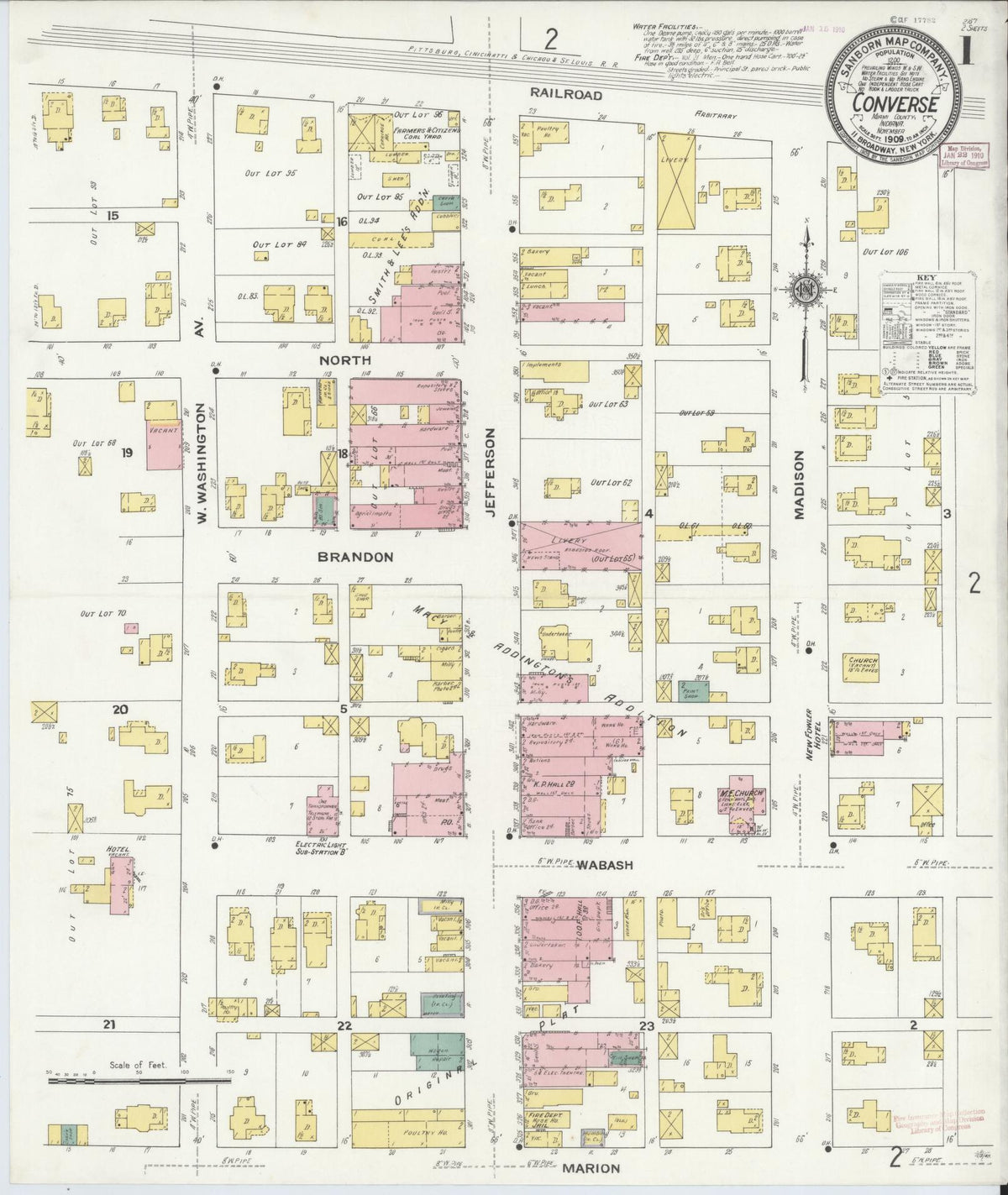 Sanborn Fire Insurance Map from Converse, Miami County, Indiana (1909), Sheet #0001 - Historic Sanborn Fire Insurance Map Print, vintage old map wall art, antique decor, genealogy gift, Indiana Indiana map