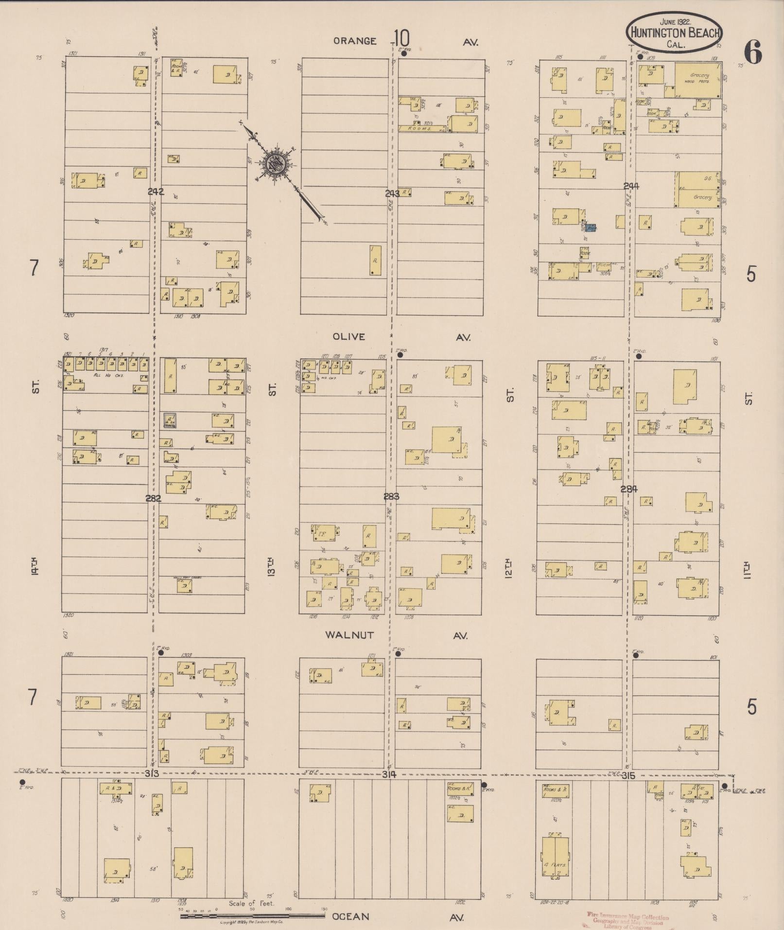 Sanborn Fire Insurance Map from Huntington Beach, Orange County, California (1922), Sheet #0006 - Historic Sanborn Fire Insurance Map Print, vintage old map wall art, antique decor, genealogy gift, California California map