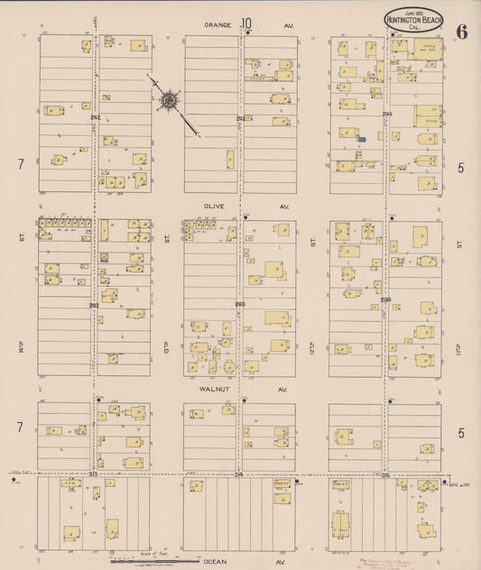 Sanborn Fire Insurance Map from Huntington Beach, Orange County, California (1922), Sheet #0006 - Historic Sanborn Fire Insurance Map Print, vintage old map wall art, antique decor, genealogy gift, California California map