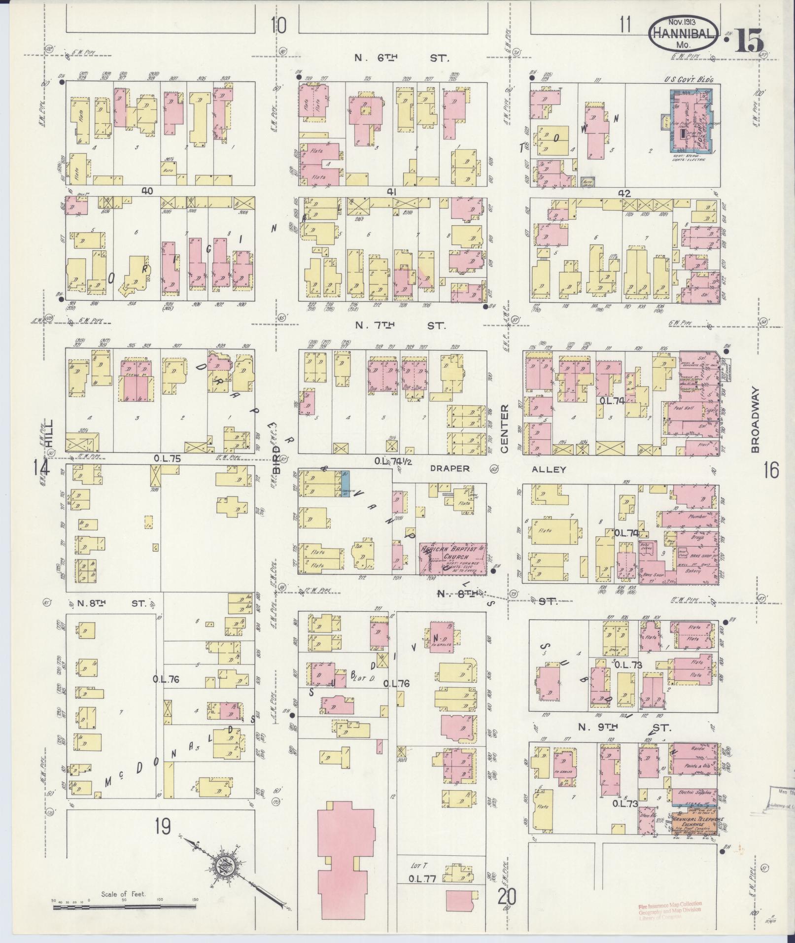 Sanborn Fire Insurance Map from Hannibal, Marion County, Missouri (1913), Sheet #0015 - Complete Map Set gallery image, historic Sanborn map, vintage wall art, Missouri Missouri