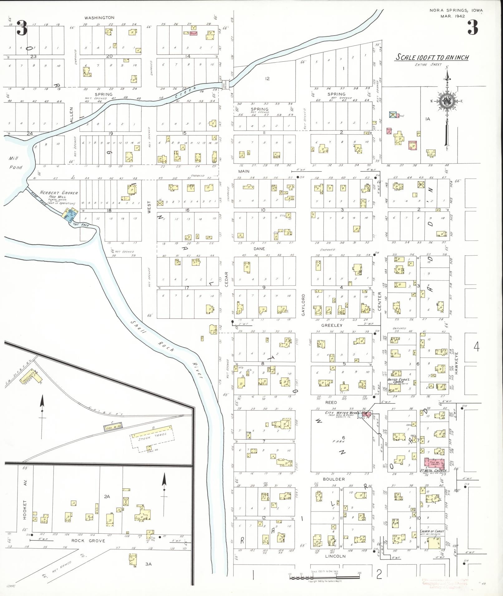 Sanborn Fire Insurance Map from Nora Springs, Floyd County, Iowa (1942), Sheet #0003 - Historic Sanborn Fire Insurance Map Print