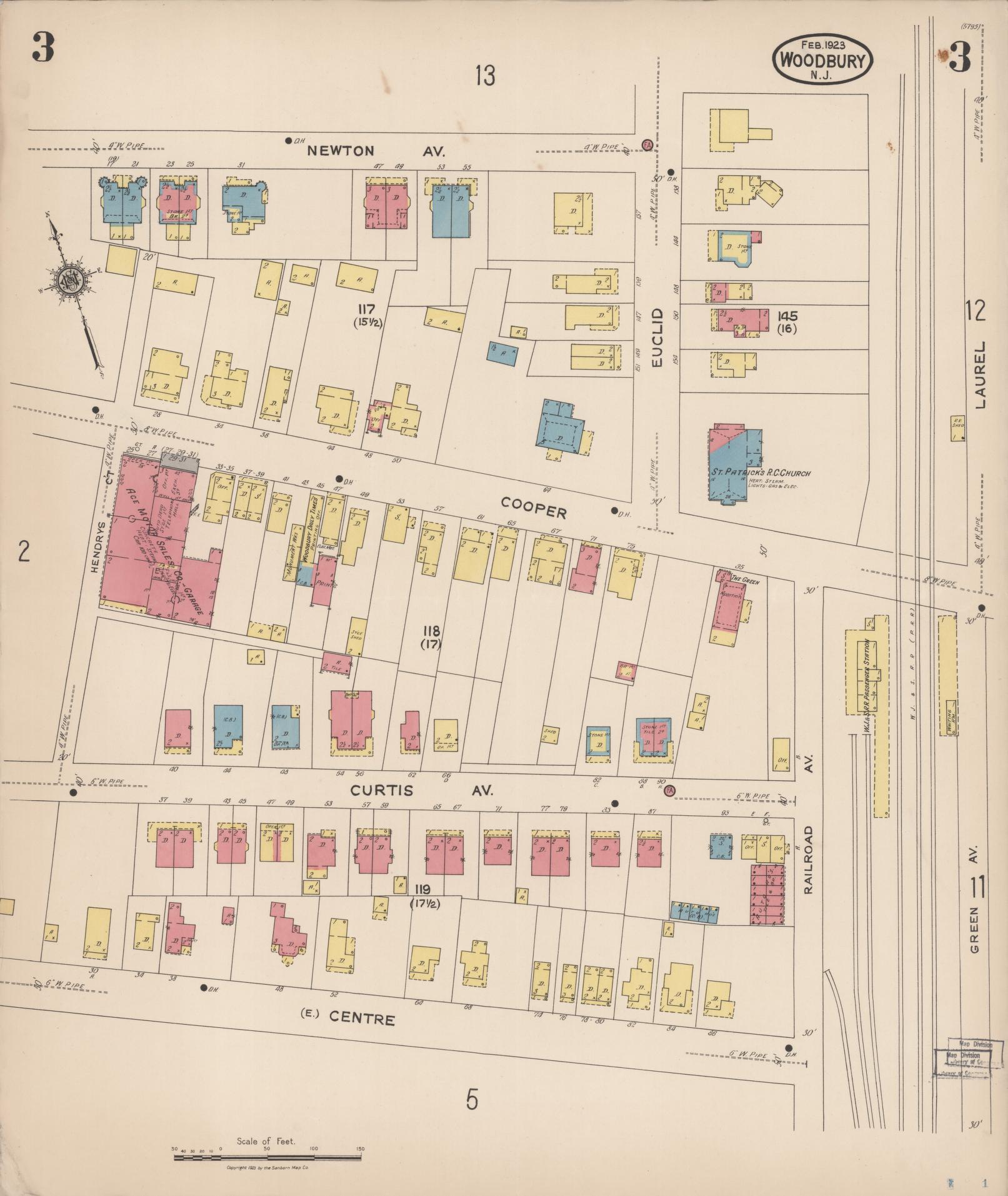 Sanborn Fire Insurance Map from Woodbury, Gloucester County, New Jersey (1923), Sheet #0003 - Historic Sanborn Fire Insurance Map Print, vintage old map wall art, antique decor, genealogy gift, New Jersey New Jersey map