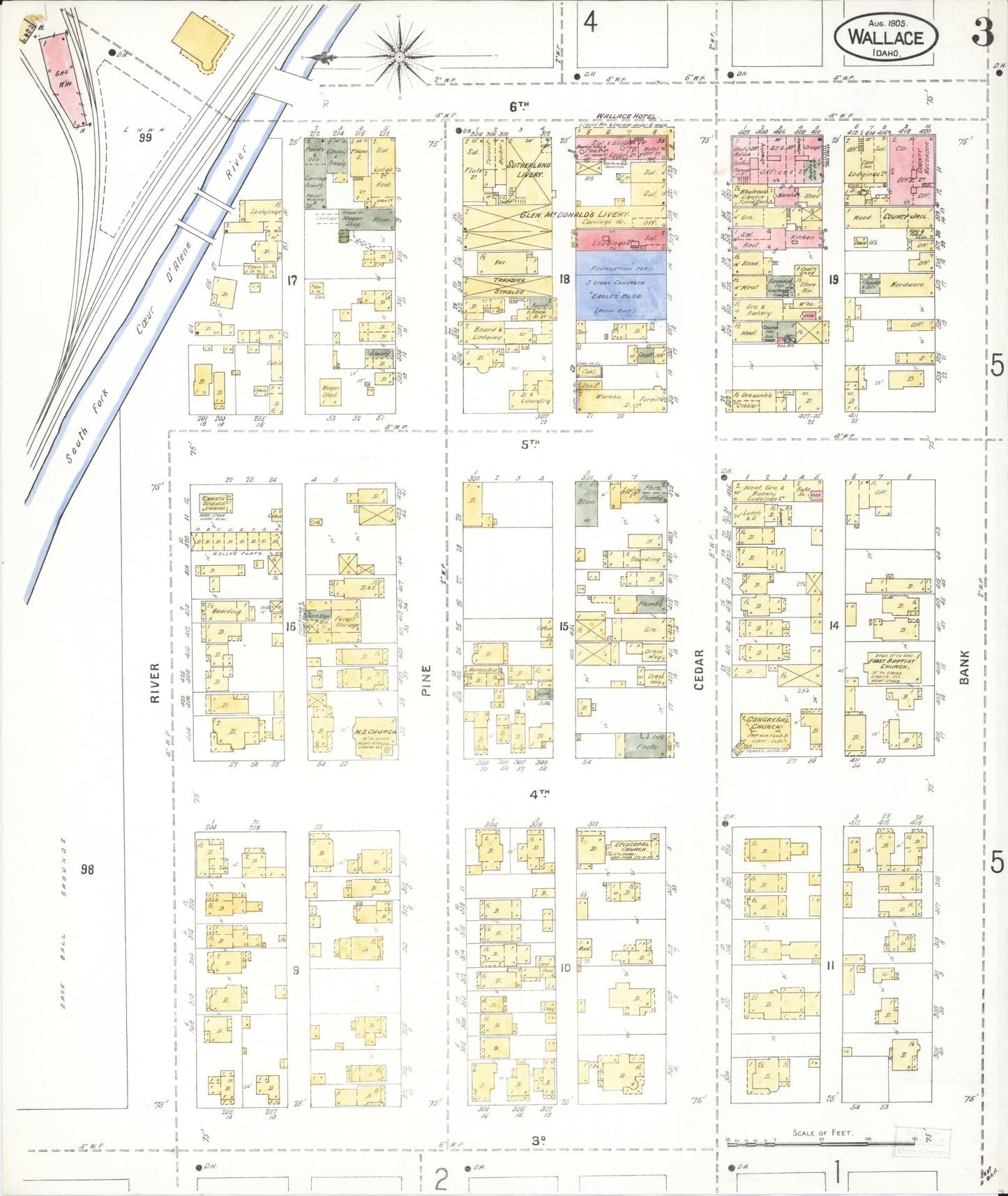 Sanborn Fire Insurance Map from Wallace, Shoshone County, Idaho (1905), Sheet #0003 - Historic Sanborn Fire Insurance Map Print, vintage old map wall art, antique decor, genealogy gift, Idaho Idaho map
