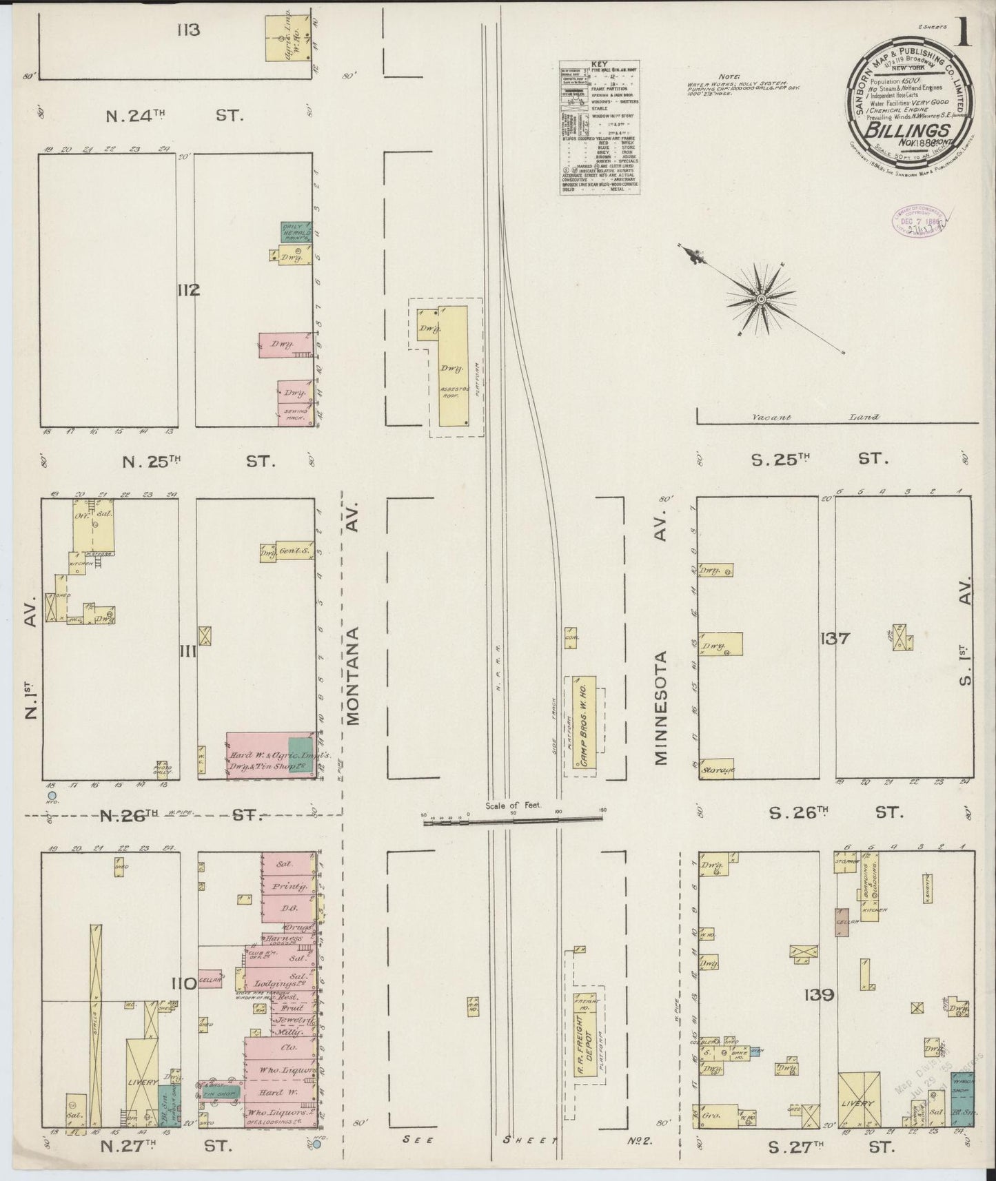Sanborn Fire Insurance Map from Billings, Yellowstone County, Montana (1886), Sheet #0001 - Historic Sanborn Fire Insurance Map Print, vintage old map wall art, antique decor, genealogy gift, Montana Montana map