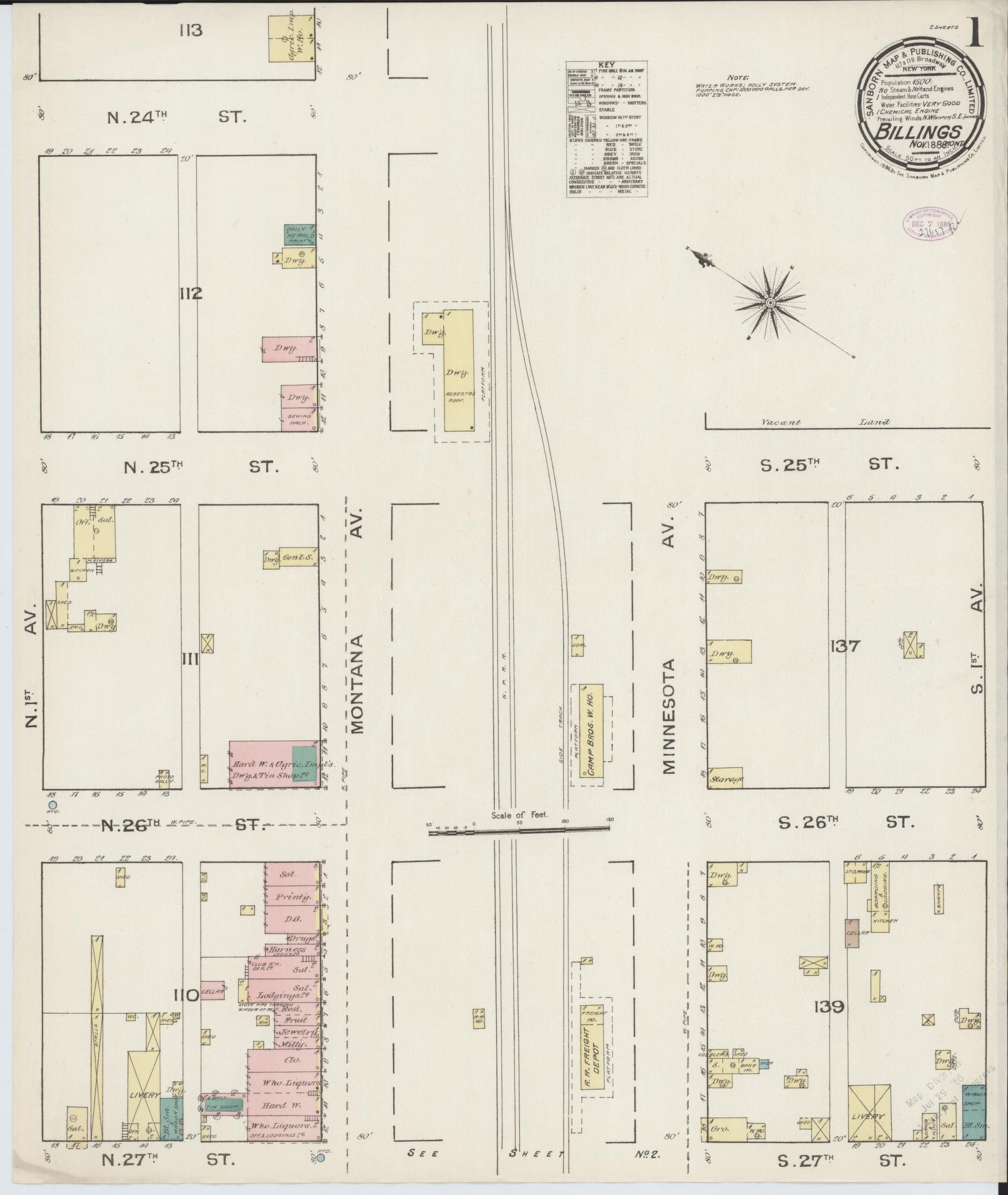 Sanborn Fire Insurance Map from Billings, Yellowstone County, Montana (1886), Sheet #0001 - Historic Sanborn Fire Insurance Map Print, vintage old map wall art, antique decor, genealogy gift, Montana Montana map